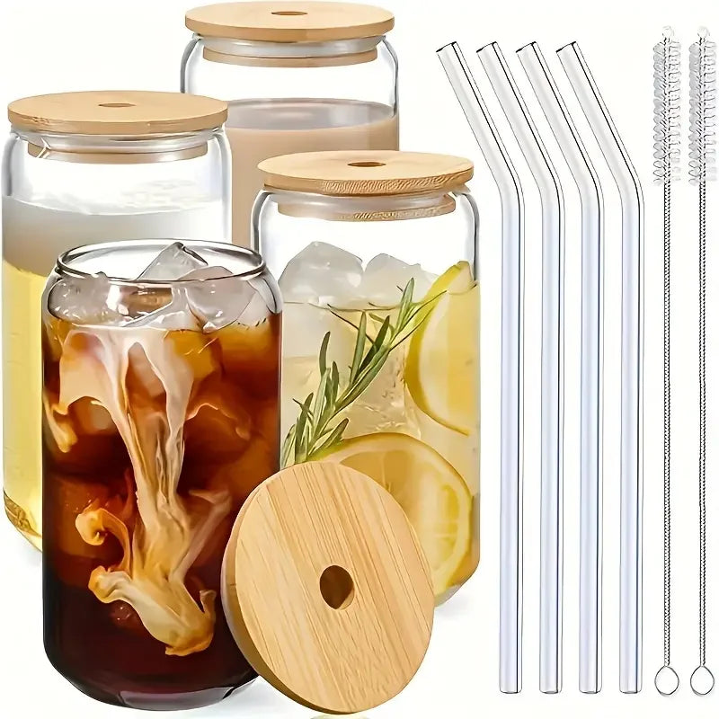 Glass Can Cups with Spill-Proof Lids & Straws (Set of 2, 4, or 6)