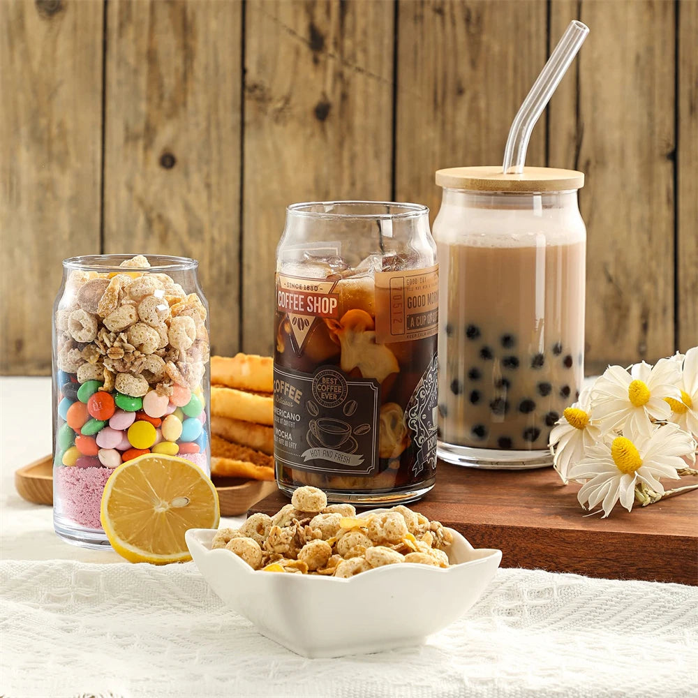 Glass Can Cups with Spill-Proof Lids & Straws (Set of 2, 4, or 6)