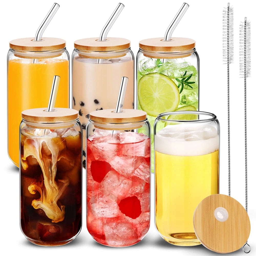Glass Can Cups with Spill-Proof Lids & Straws (Set of 2, 4, or 6)