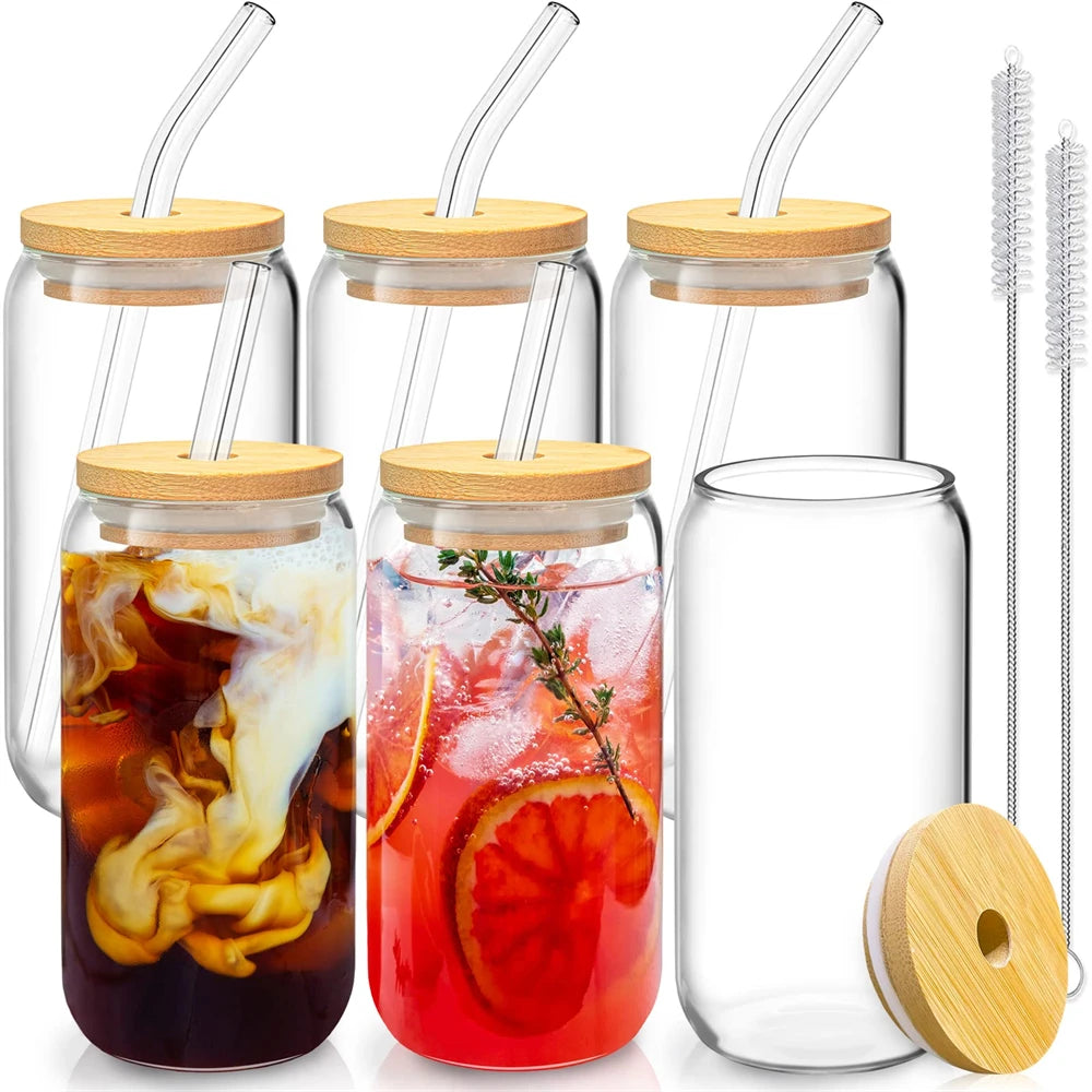 Glass Can Cups with Spill-Proof Lids & Straws (Set of 2, 4, or 6)